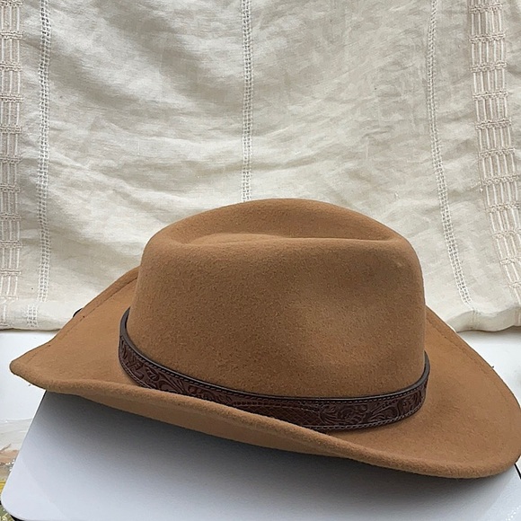 Lucky Brand 100% Wool Western Brown Leather Ranger Hat, Medium Beige - Picture 4 of 10